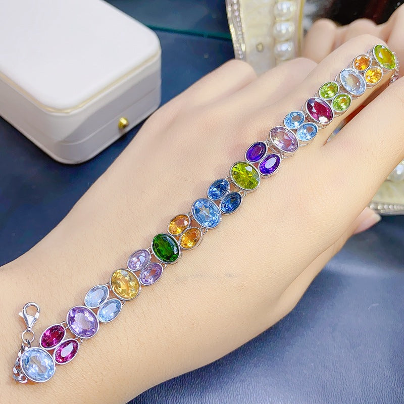 Colorful Gemstone Mixed Bracelet Natural Peridot Garnet Diopside Citrine Amethyst Topaz 925 Silver Bracelet