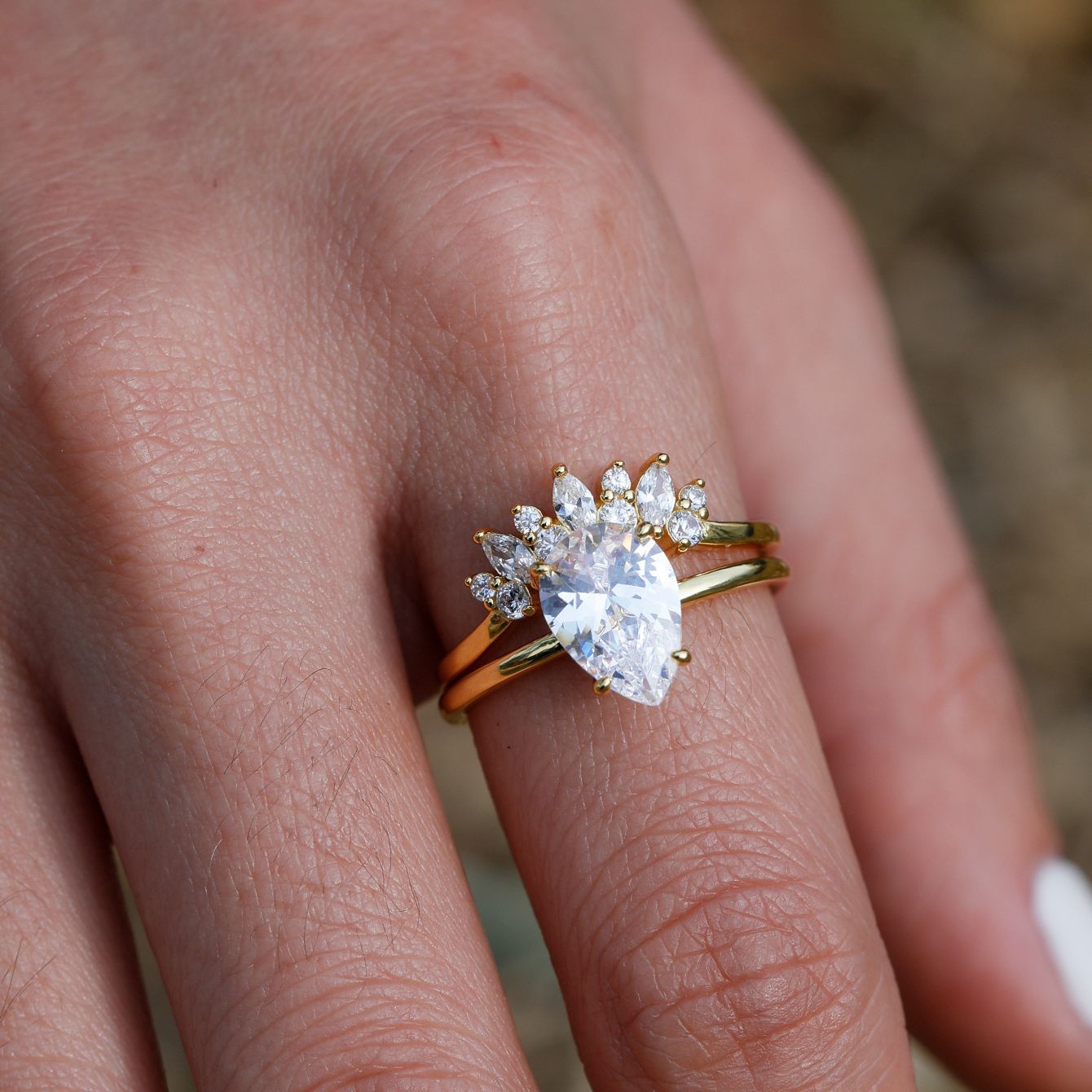 S925 Silver Combination Two-Piece Set Water Drop Shape Moissanite Ring Stripe Stacking Ring Set Ring Amazon Hot