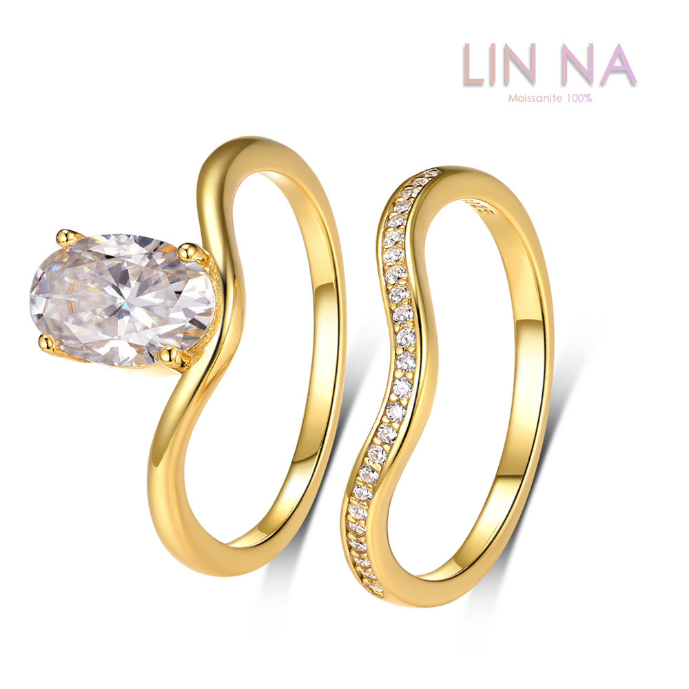 S925 Silver Set Egg-Shaped Moissanite Ring Combination Independent Hot Sale Fashion Classic Style Iridescent Sparkle